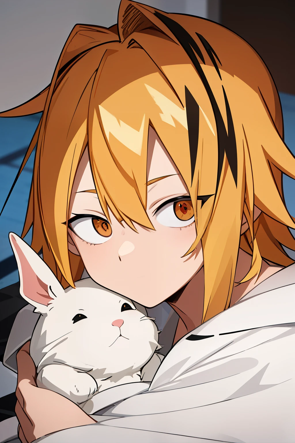 masterpiece , better quality , lyrics, 1 , Alone, male focus, looking at the viewer , upper body, Kaminari_thank you, blonde hair, multicolored _hair, wrapped in a blanket, curious, sitting on the floor , mirada: curious, Large Shirt, hugging a small furry white rabbit
