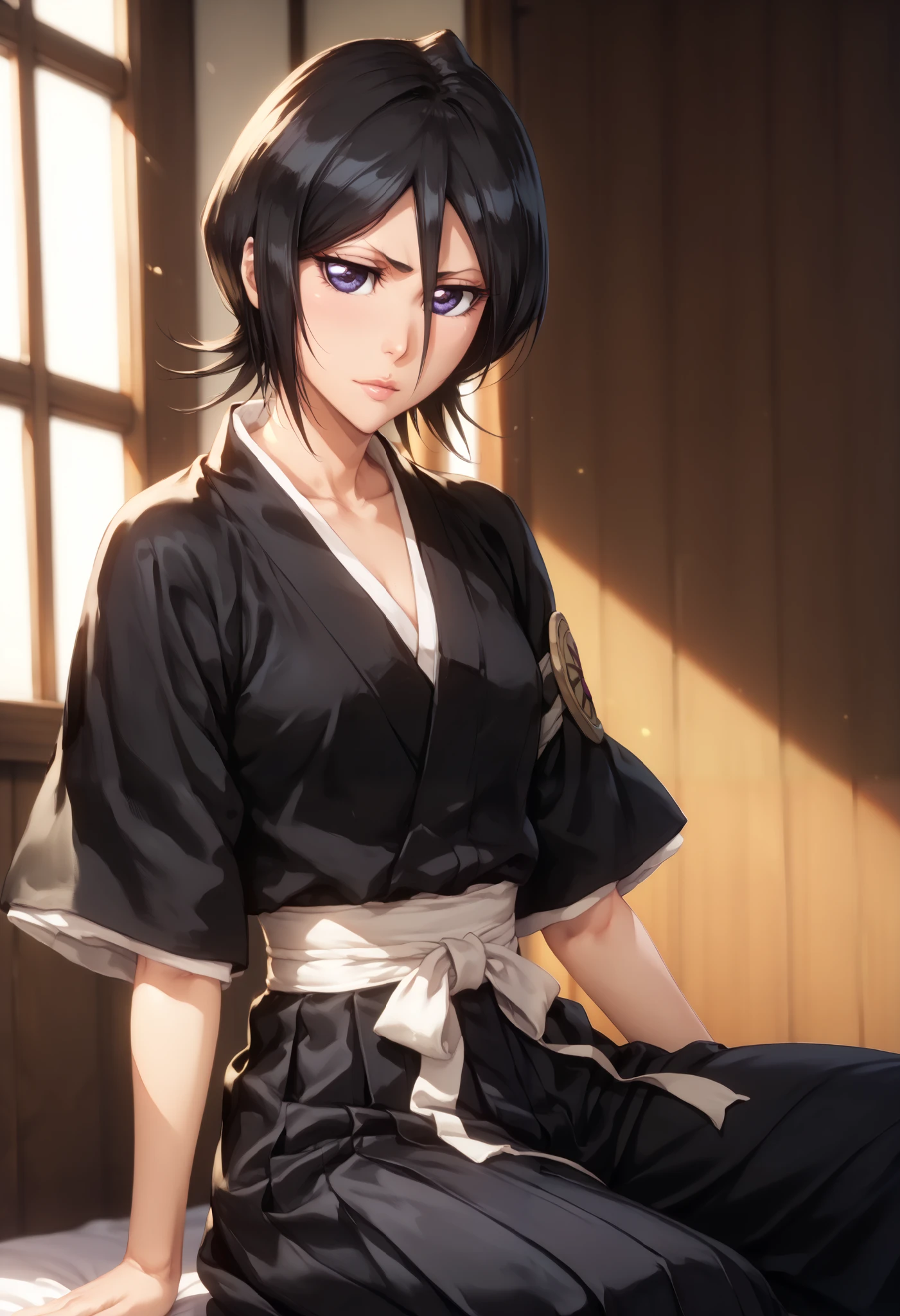 sfw, extremely detailed CG, high resolution, best quality, masterpiece, single woman, kuchiki rukia (bleach), black hair, short hair, light purple eyes, (beautiful detailed eyes: 1.4), small breasts, long legs, black kimono, white obi belt, black hakama