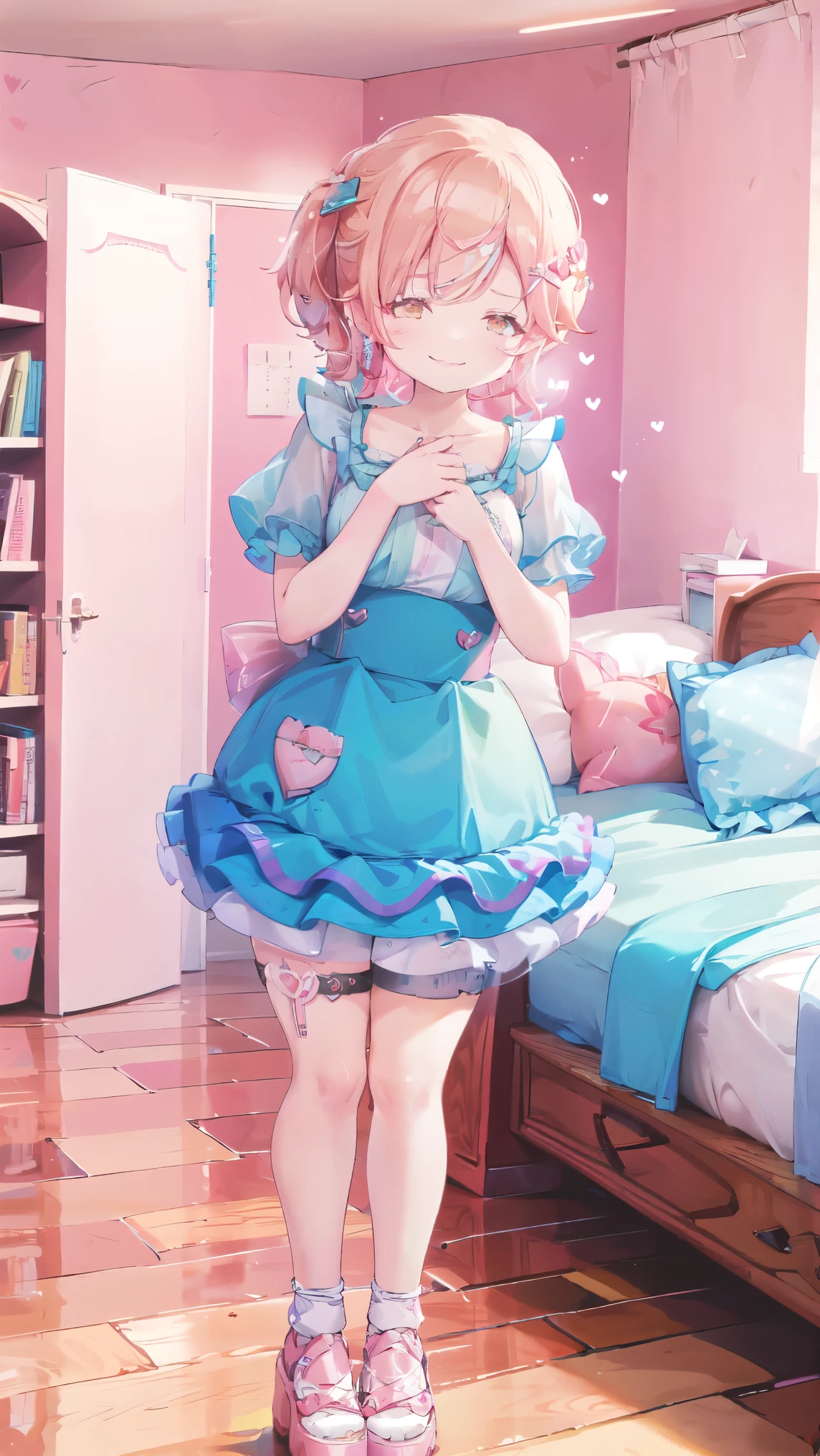 sunlight,  pastel colors ,  pastel colors , , blush, blush, thighs, pink room, happy:2.0, joyful, excited, pink room, pink wall, pink wallpaper, pillow, orange hair, yellow eyes, shy, kindergarten:2.0, aged down, nursery, pink room, bedroom, bed, sylveon:3.0, young girl:3.0, pink, Alone, bangs, blush, thick lips, heart:10.0, small breasts:50.0,  chubby:500.0, fat:160.0, ( pink kawaii room )),,((pink gothic room)),(((aroused, seductive smile, blunt bangs:100.0,  with bangs:100.0, standing, arm under breasts, The march, heart item, small window))), smiling:50.0, chubby, lose-up,, very short hair, miniskirt:20.0, platform shoes, very short skirt, thigh strap 