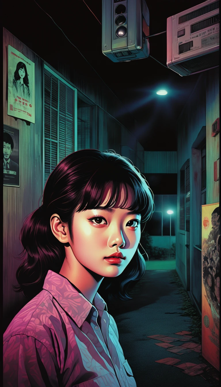 An illustration、art、80s Thai horror movie poster, Supervised by Junji Ito、(high school student:1.0)、office、Attention to detail, Realistic Shadows、Analog Style, chromatic aberration,  surrealism、 Complementary Gradient illustration、until、 from the 80s horror film ,  directed by Junji Ito 、 darkness 、 Investigator of the Young , Alley、nightmare、anxiety、high detail, sombra realista、 analog style , VHS style, 8 mm film ,  chromatic aberration , dvd cloth capture、 surrealism