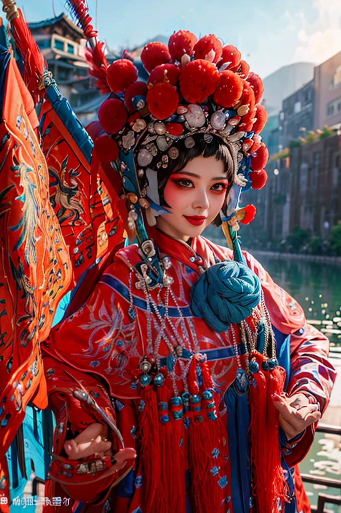 8k，RAW photos，best qualtiy，tmasterpiece，realisticlying，photograph realistic，ultra - detailed， 1 girl，CNOperaCrown，solo，sportrait， Peking Opera costumes，looking at viewert， ssmile， Keep one's mouth shut， From the front， putting makeup on， head gear， （（（CNOperaFlag）））， The flag is from behind，  The upper part of the body， nipple tassels，florals，（Daumadan：1.4），（simple backgound：1.5），Yun Jin from Genshin Impact, crimson eye color