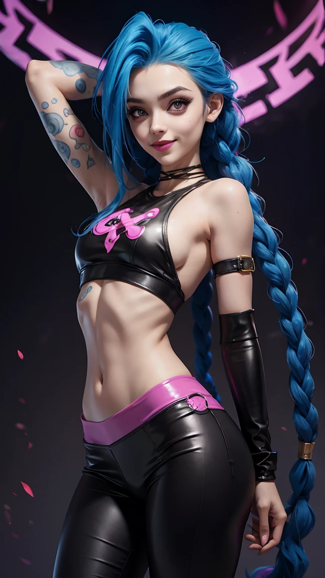 Jinx (Arcane), Underboob t-shirt, latex leggings, perfect ass, perfect breast, perfect body, slim, sexy, beautiful, cute, smile, 8k