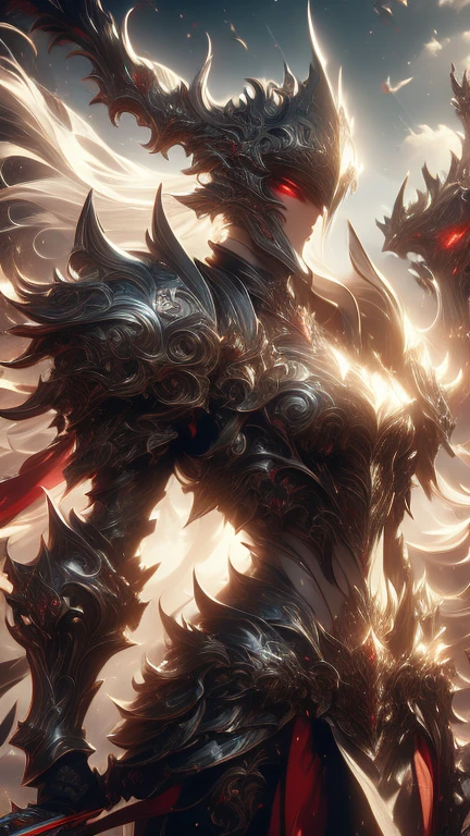 a close up of a dragon knight with a sword, juicy abs, nipple piercings, fighting another hot sexy dragon knight, furry, detailed facial features, intricate armor, dramatic lighting, cinematic composition, dark fantasy, vibrant colors, digital painting, hyper realistic, masterpiece