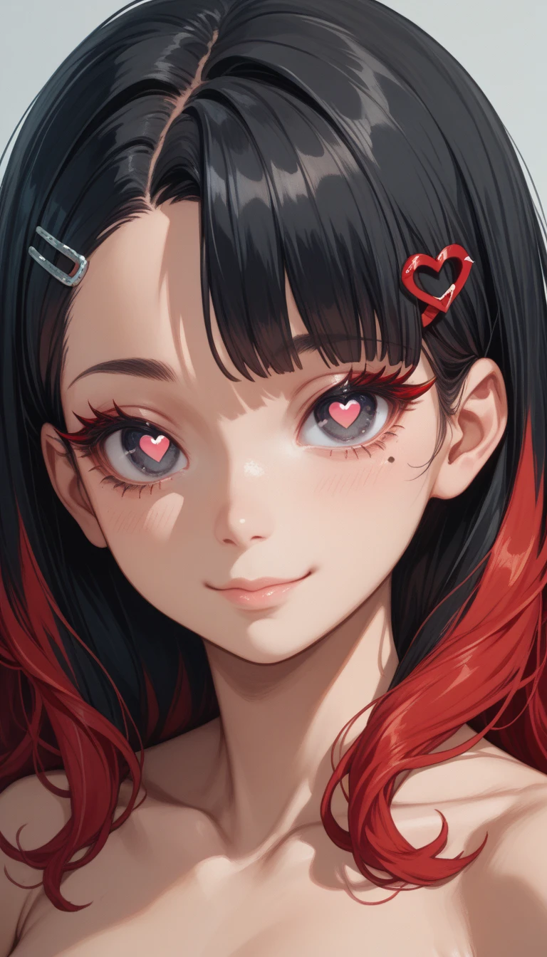 pelo negro, long eyelashes, sonrisa ligera, colmillo, pelo estriado, multicolocabello rojo, Pelo interior coloreado, cabello rojo, Pinza para el cabello, lunar debajo de los ojos, alumnos incompatibles, empty eyes, empty eyes, pupilas dilatadas, pupilas en forma de corazon, sonriente, Sombra, anaglyph, Profundidad de campo, Desenfoque de movimiento, brillo, Pintura de campo de color, estilo animado, 8K, Super detail, Mejor calidad, HD, 8K