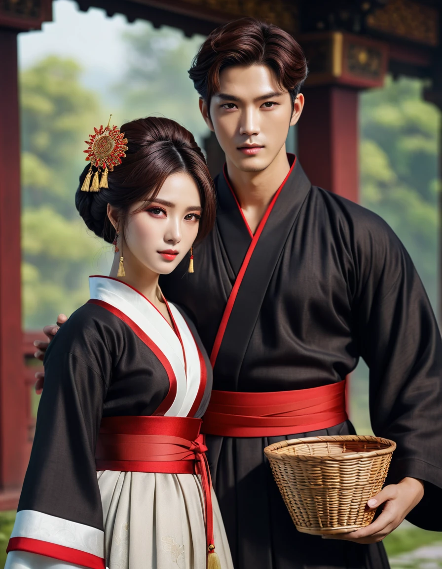 3d In the image,  (((Magi Korean man with d dark short hair , brown eyes in a black Old Slavonic hanfu with red trim and a belt ))) hugs her sister from behind  (((woman in a long white dress  (((Old Slavonic with red patterns .)) black hair tied into a basket hairstyle She holds a pendant on a cord in her hands.)) In the background there is a dark forest and wooden houses on stilts ,  creating a mystical atmosphere ,  game art matte painting ,  oil painting in high detail, hyperdetailed 3D matt painting , computer game scene ,wlop and andrei riabovitchev , charlie bowater и artgeem,  Edmund Blair and Charlie Bowter  , seductive cyberpunk dark fantasy,  High resolution commission , style of charlie bowater, Чарли Боуотер и Том Бэгшоу  realistic image , masterpiece,  artwork ,  hyperrealistic, rendering ,  realistic physical rendering , hyper  realistic illustration,  realistic illustration, photorealistic detail  , hypper  realistic illustration, extreme realistic detail, photorealistic detail  ed picture, with unreal engine render concept art , ), Ultra-подробно and beautiful face,(  Gentle facial expression  :1.1), translucent white skin ,( realistic skin texture:1.1), , Bold design  , art design  ,красивый and подробно pattern,  detailed fabric texture ,  ((подробно backgroun профессиональная величественная масляная  realistic image , masterpiece,  artwork ,  hyperrealistic, rendering ,  realistic physical rendering ,  photorealistic rendering ,  highly detailed ,  high-quality render ,  architectural rendering ,  very realistic 3D render ,  realistic image ,