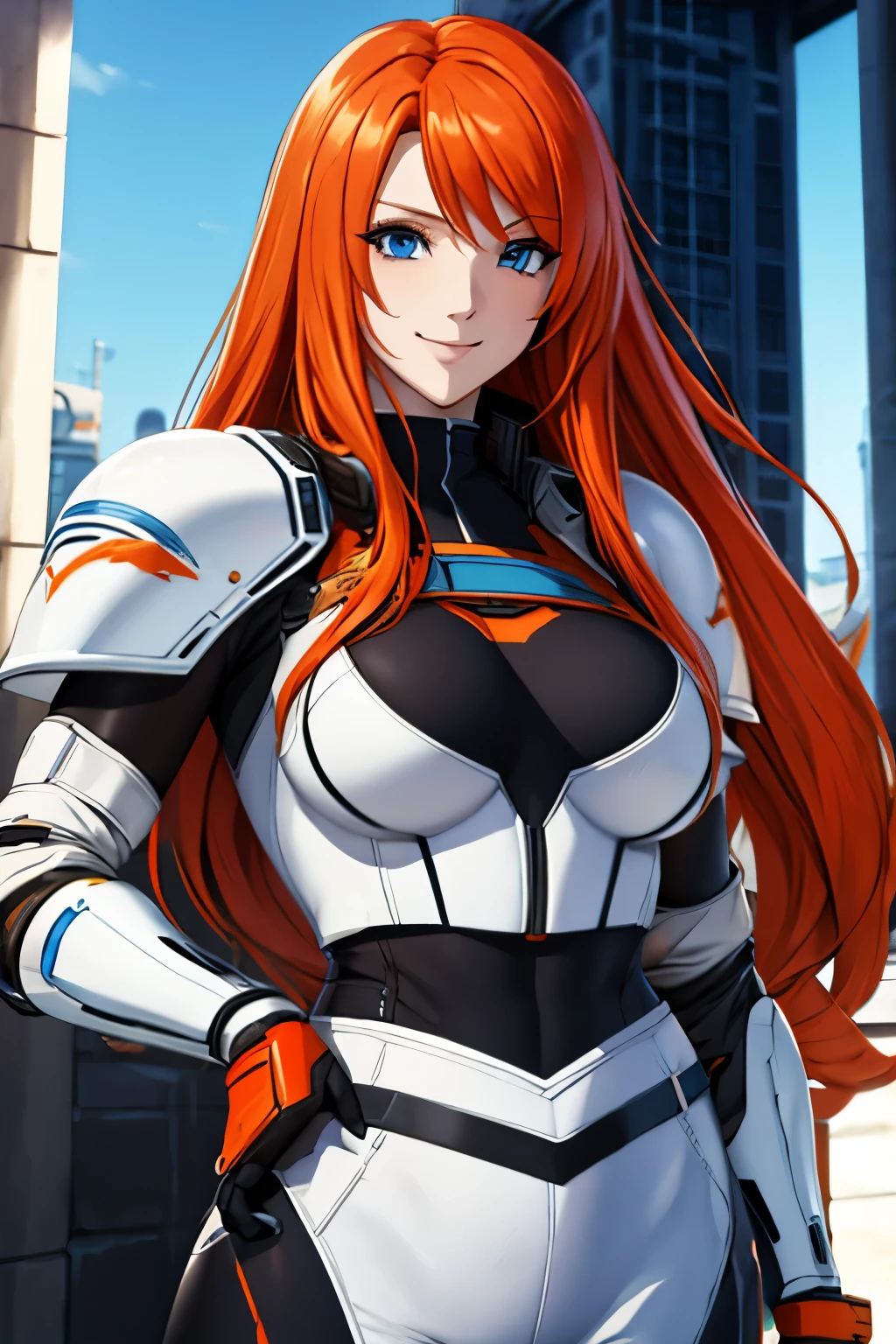 pretty Woman , long orange hair, ginger hair, blue eyes, smiling, White cyber armor, black pants,