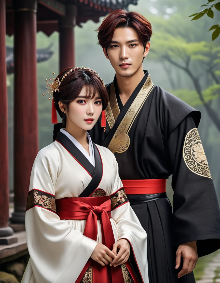 3d In the image,  (((Magi Korean man with d dark short hair , brown eyes in a black Old Slavonic hanfu with red trim and a belt ))) hugs her sister from behind  (((woman in a long white dress  (((Old Slavonic with red patterns .)) black hair tied into a basket hairstyle She holds a pendant on a cord in her hands.)) In the background there is a dark forest and wooden houses on stilts ,  creating a mystical atmosphere ..  game art matte painting ,  oil painting in high detail, hyperdetailed 3D matt painting , computer game scene ,wlop and andrei riabovitchev , charlie bowater и artgeem,  Edmund Blair and Charlie Bowter  , seductive cyberpunk dark fantasy,  High resolution commission , style of charlie bowater, Чарли Боуотер и Том Бэгшоу  realistic image , masterpiece,  artwork ,  hyperrealistic, rendering ,  realistic physical rendering ,  photorealistic rendering ,  highly detailed ,  high-quality render ,  architectural rendering ,  very realistic 3D render ,  realistic image 