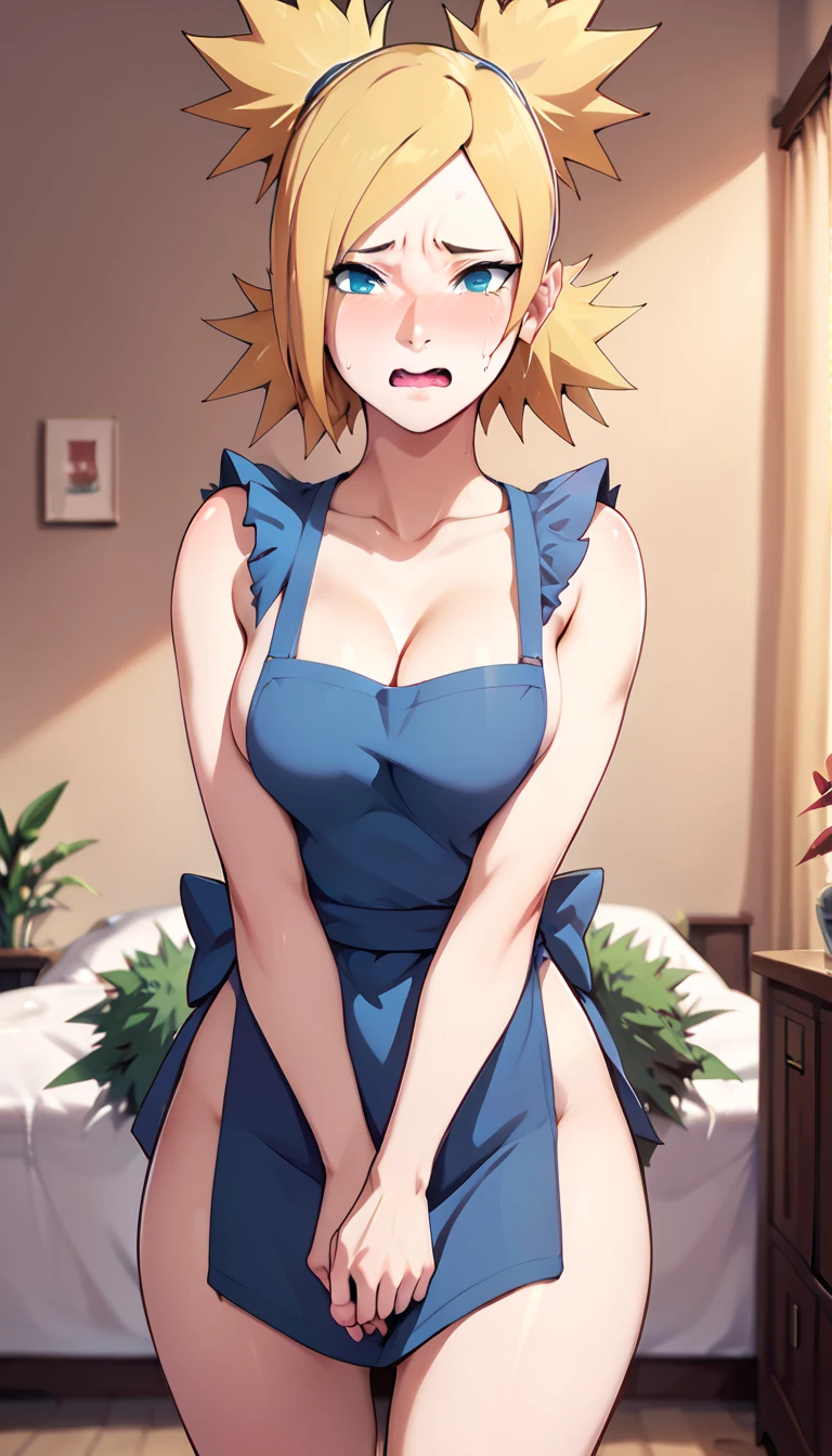 temari\(boruto\), 1girl, blonde hair, quad tails, blue eyes, breasts, red face, embarrassed, Ashamed, posing embarrassed, red face, embarrassed, Ashamed, Suspender Naked Apron 