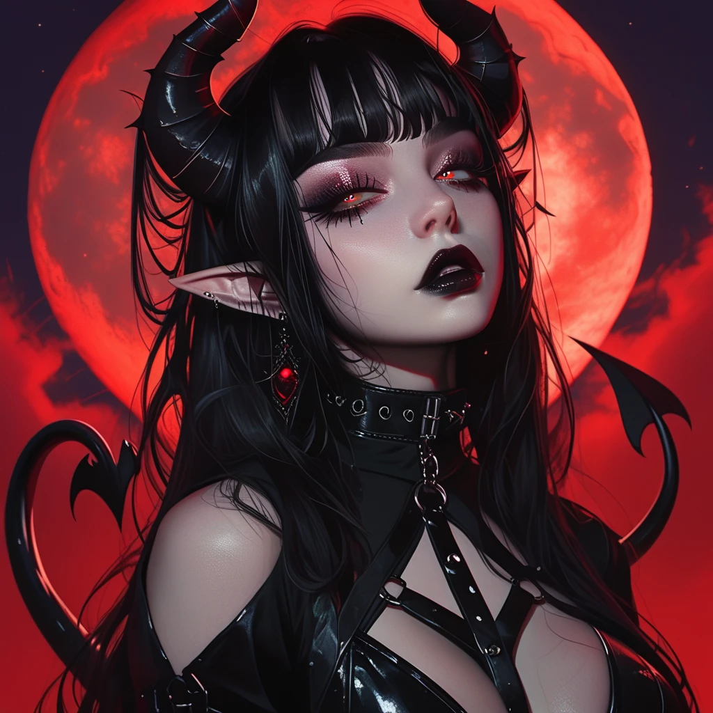 ((Masterpiece)) , ((highres)), ((red full moon background)), a beautifully detailed female, ((long black hair)), demon horns, demon tail, defined lips, black lipstick, defined eyes, red iris, black pupil, long eyelashes, dark purple eyeshadow, defined nose, elf ears, large breast, hour glass figure, big butt, ((large breast)), dominatrix style dress, o ring collar, clear face, HD face, gothic, gothic style. 