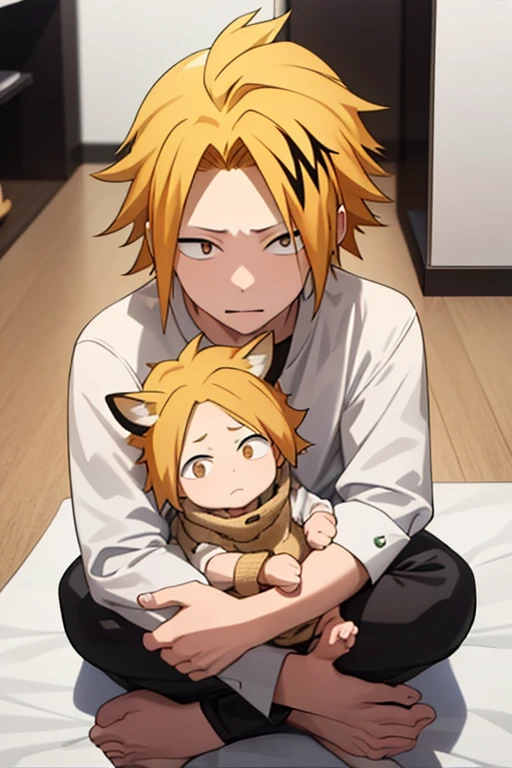 masterpiece, one girl and one young boy, of young children、yellow hair、red eyes、furry, kemono, hairy tiger, Anthropomorphic、(Tiger fur), naked、choker、Inside a dark prison with iron bars、Cold floor、embarrassed face、boy pushing girl down