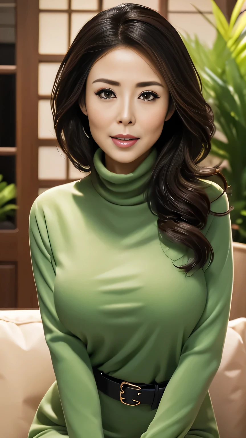 (a masterpiece portrait of a woman with ultra detailed features, in 8K resolution, with crisp quality and vibrant colors)、Mature woman checking clothes in front of a mirror at home、Mature woman standing in front of her face 、 dark green maxi length long sweater 、Belted、 50-year-old Japanese、Mature Woman、Celebrity housewives、 elegant hairstyle 、 natural makeup、 cowboy shot:1.4、Beautiful and big eyes、I stare at it with a serious face、 open her mouth 、 dark eyes、 anatomically correct hands 、