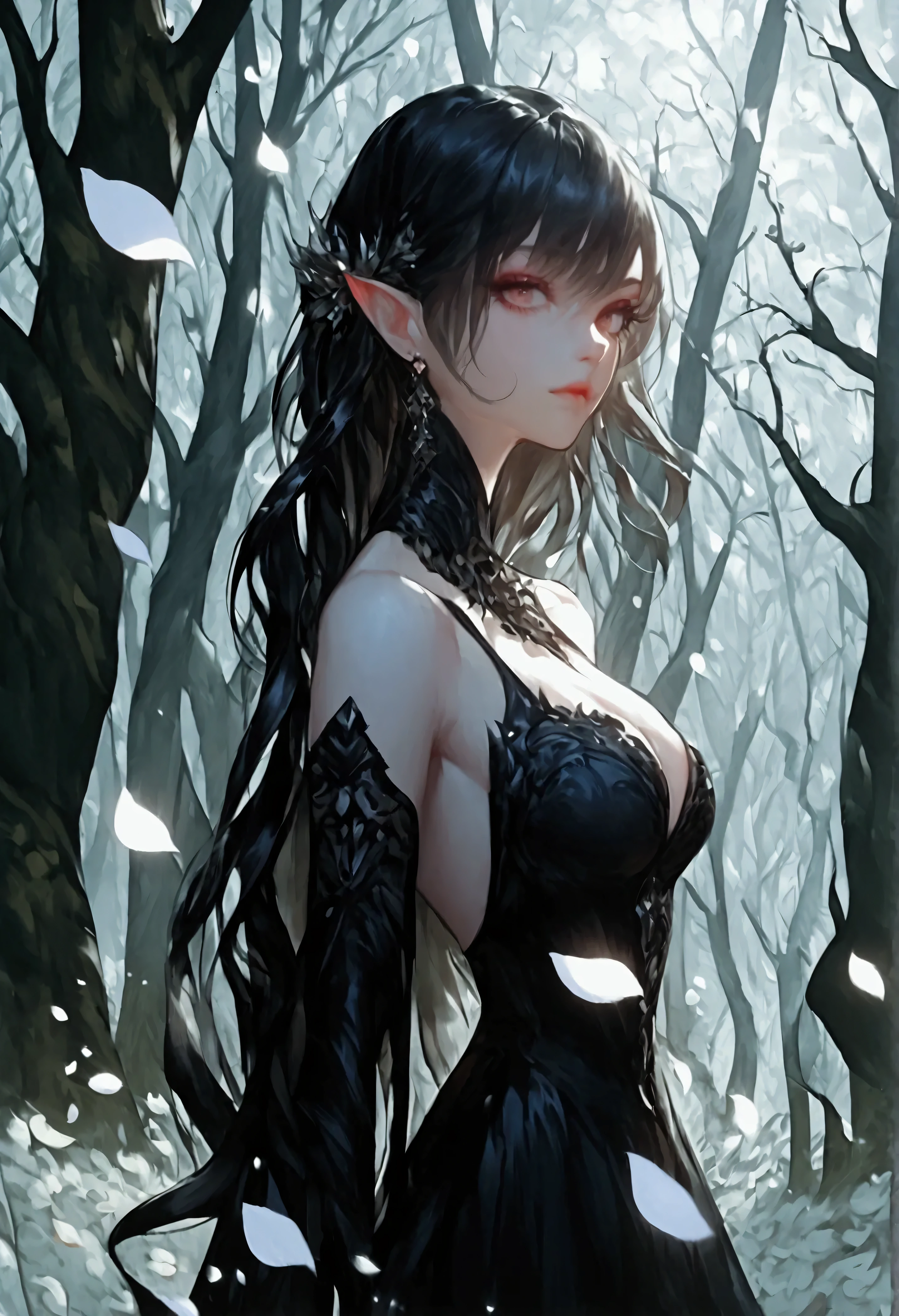 masterpiece, high quality, illustration, extremely detailed, 1_women, (full body), (exotic skin_complexion:1.4), pale grey skin, mature, statuesque, tall, beautiful, exotic, with long elf ears, (looking away from the viewer), stoic expression, serious face, (((black veil over face))), bare shoulders, wearing (diaphanous) robes, black choker, (thigh highs) with silver embroidery, long fingerless leather gloves, tall black boots, ((medium breasts)), black gothic dress, black hair, long hair, realistic and detailed face having (((red eyes)), glowing eyes, dark_eyeliner, long_eyelashes), natural dynamic lighting casts detailed shadows, dark forest, mist, fog, hiding in the shadows,