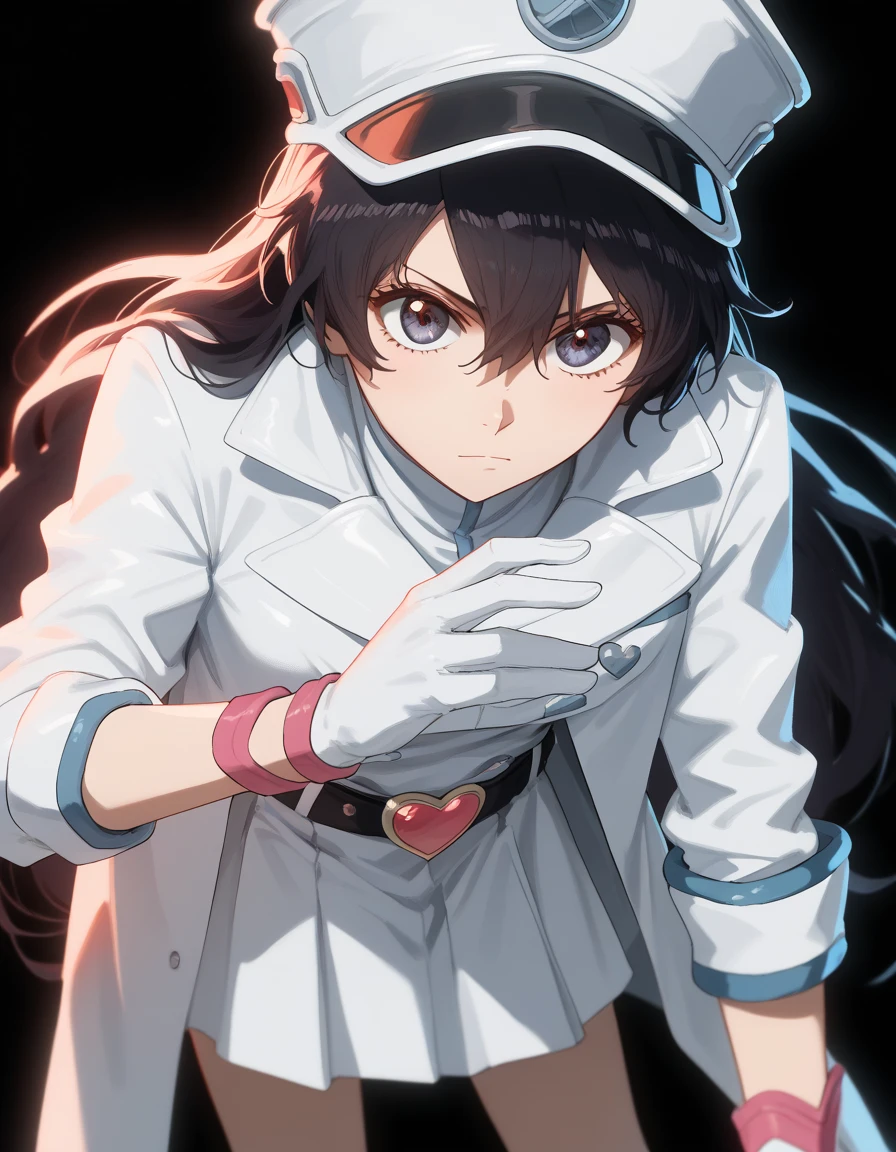 simple black background,
bambietta_basterbine, 1girl, black hair, long hair, hair between eyes,
white peaked cap, white gloves, white jacket, white skirt, black belt, heart belt buckle, pink clothing accents,
looking at the viewer,  standing, leaning forward, looking down at the viewer