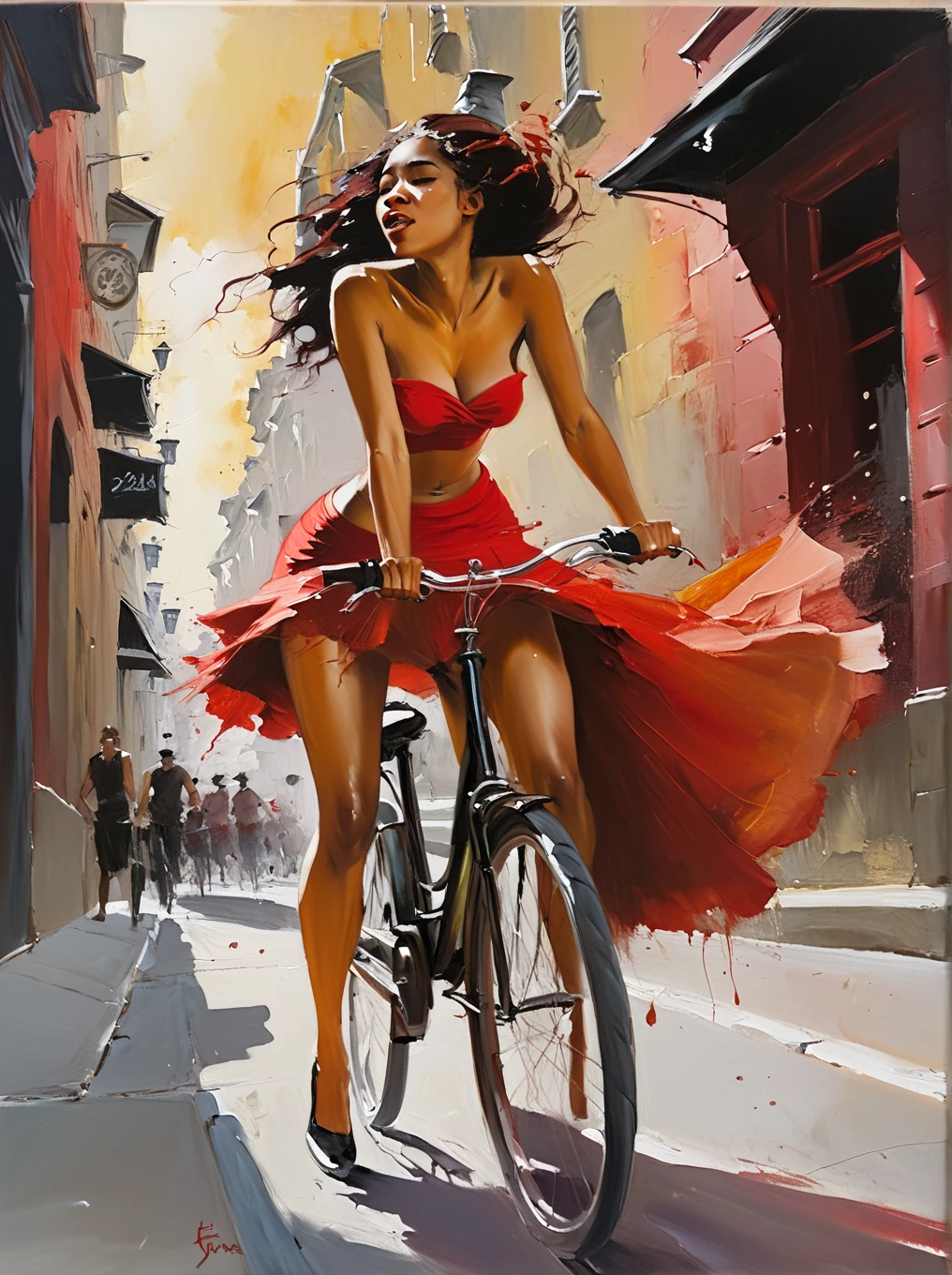 Very authentic painting by (Fabian Perez:1.3) , (Henry Asencio:1.2), (Alessandro Barbucci:1.1) , [A mixed woman on a bicycle, wearing a red skirt that is billowing in the wind, revealing her underwear. The scene is set on a city street. The mood is a blend of playful mischief and accidental exposure.], [oil painting, in a style reminiscent of impressionistic realism], [no specific artist reference, but evokes the style of street scene painters capturing fleeting moments], [The color palette is vibrant, with warm tones dominating. The lighting is natural, suggesting a sunny day. The background is a busy city street, adding context and depth to the scene. The style is loose and expressive, with visible brushstrokes creating a sense of movement and energy. The texture is slightly rough, mimicking the appearance of oil paint on canvas.]. on dark background, light leaks, The painting is done with loose brushstrokes and vibrant rich imperial colors. The overall mood of the painting is provocative, sensual and intimate, confident posture