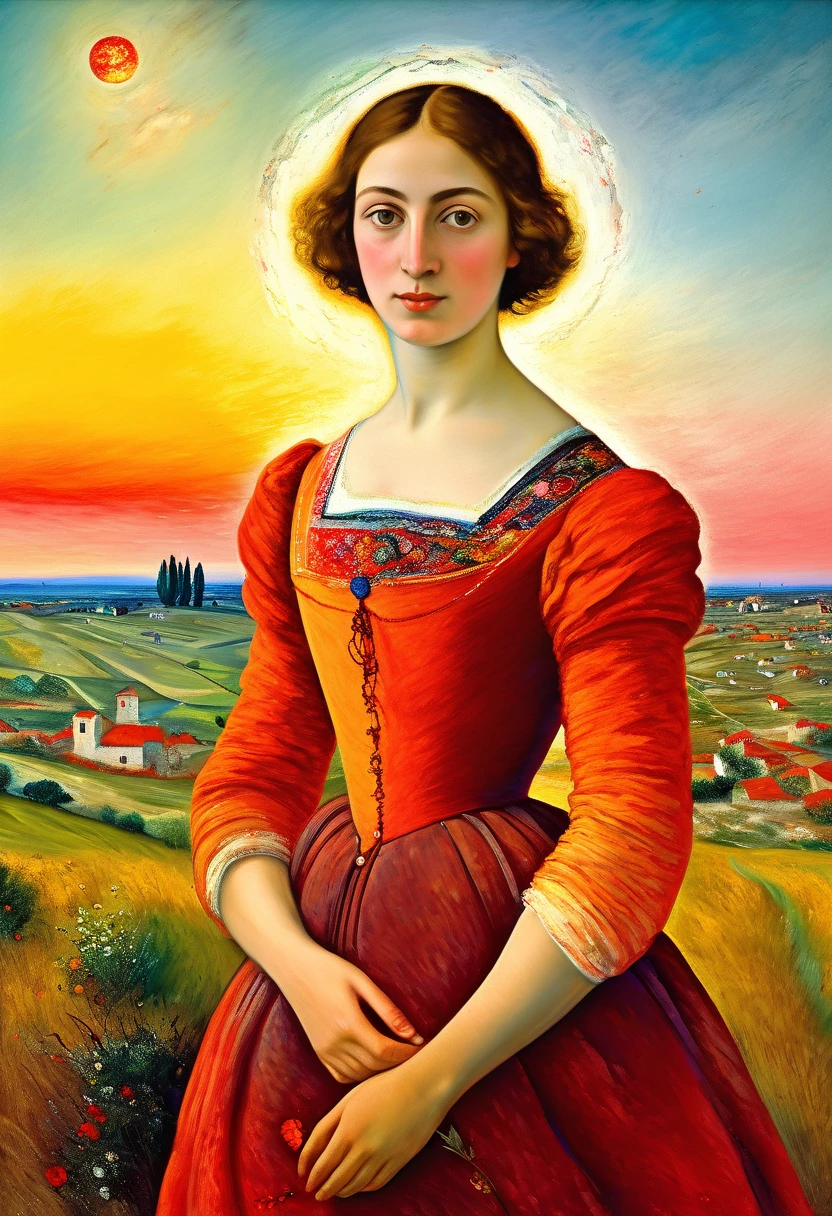 ((very colorful gradient)):[[(front full portrait:1 teen girl (solo) with big eyes and a short hair bob)((Jose de Ribera style)), [dress ((Marc Chagall style)])):20]/[background: landscape
 Renaissance, old canva, (scarlet sunset), ((style Alexey Savrasov))]/[((very colorful gradient)),((oil painting palette knife))((masterpiece)),((highest detail))]]
