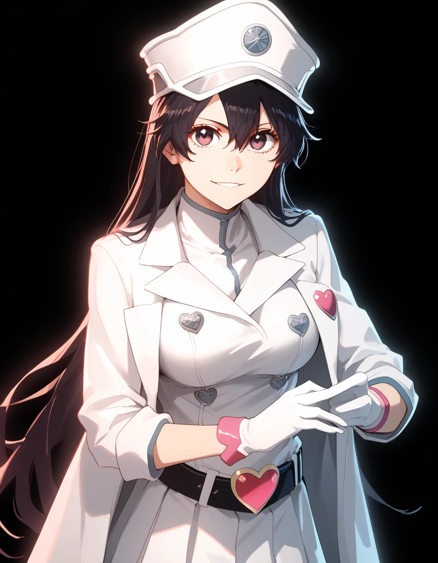 simple black background,
bambietta_basterbine, 1girl, black hair, long hair, hair between eyes,
white peaked cap, white gloves, white jacket, white skirt, black belt, heart belt buckle, pink clothing accents,
looking at the viewer,  standing,large breasts,smile