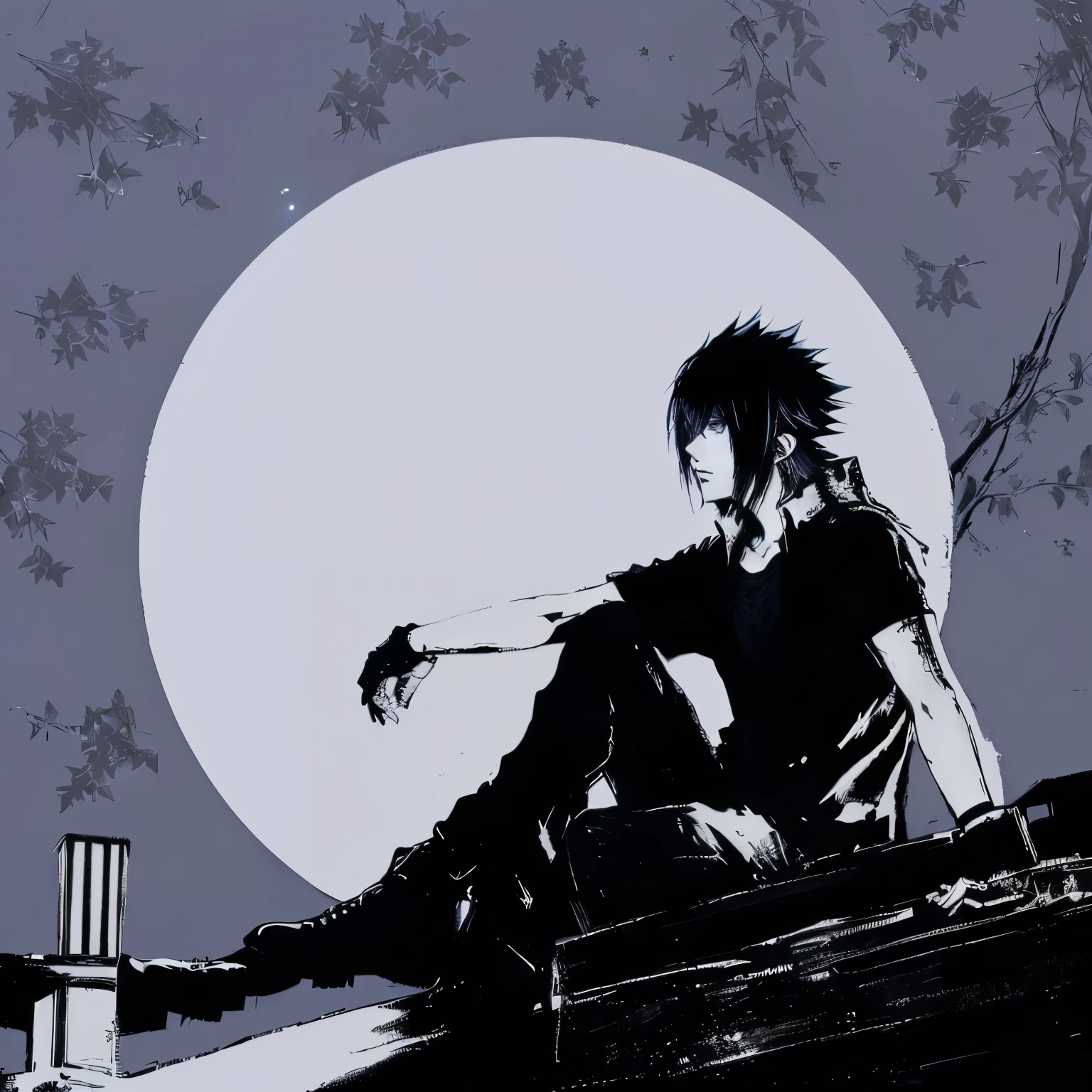 anime boy with black hair and black shirt sitting in front of a full moon, noctis · noctis Lucis caelun, death note, final fantasy xv, goth cross , anime wallaper, anime wallpaper, anime arts, fan art, hd anime wallpaper, anime!!!, manga”
 