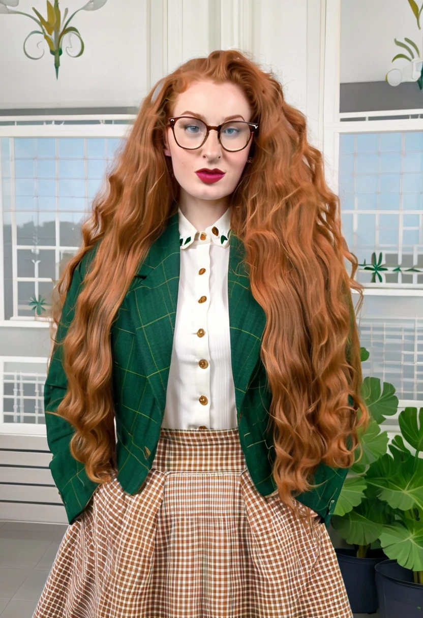 
(Very long ginger curly hair), green eyes, wide chin, big bust, muscular, crooked teeth, big glasses, cauliflower ears, 1940s, wide shoulders, bulky, sfw, 28 years old, liver spot on chin, white blouse, brown checkered jacket, (long brown checkered skirt)