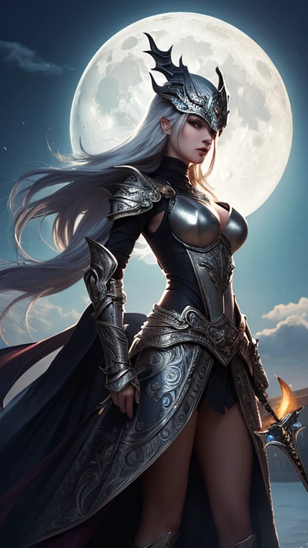 The wolf king and the moon in the night with a beautiful woman dressed coolly.