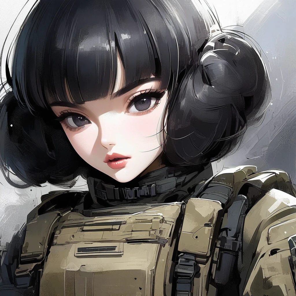 Girly, tactical uniform, militar, stoic, black hair, bowl cut, pixie hairstyle, black eyes, beautiful, girly, lipgloss, anime