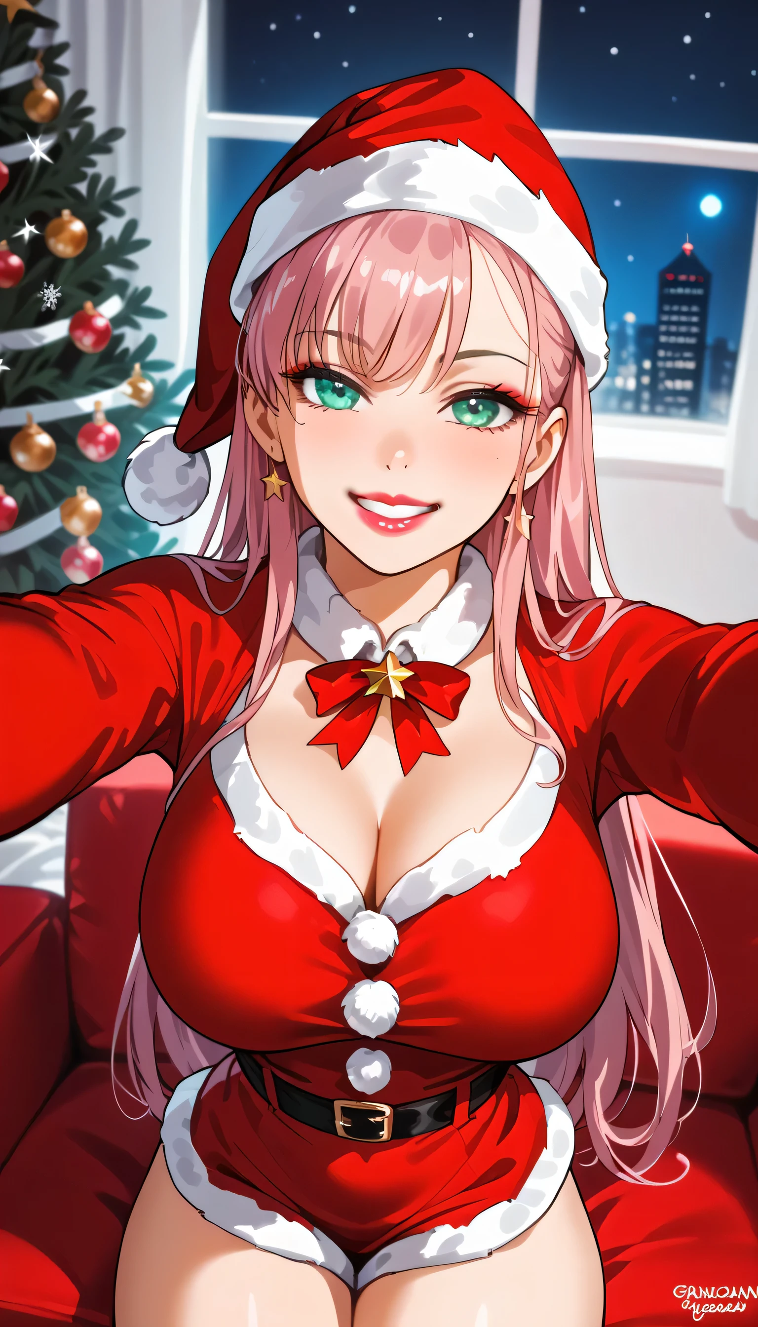 A female, pink long hair, eyebrow straight, eyeliner classic, ((blue:1.3)) ((green:0.7)) eyes, bimbo light pink lipstick, side little grin, Santa Claus suit, sexy pose, hyper sexy body ((bust ratio: 86DD)), [[pear shape body]], ((view from above)), sitting on a pink gamingchair, into red gamingroom, pink neon lighting, little christmas tree, during by night. [[High quality]]. [[High detail]]. [[High resolution]]. [[Soft colors]]. [[Soft lighting]]. [[Digital Art]]. [[Retina]].