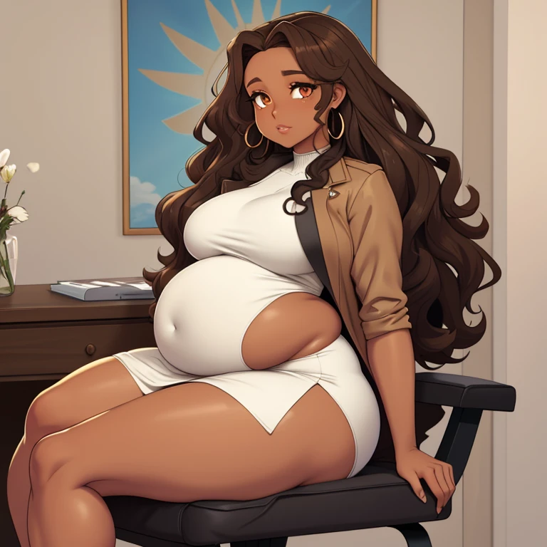 Chubby thic mature pregnant japanese wife, brown long hair, Brown eyes, black sexy dress, inside aircraft, sitting on aircraft chair with husband, smiley expression,trading a magazine, high heels, Golden chain anklet