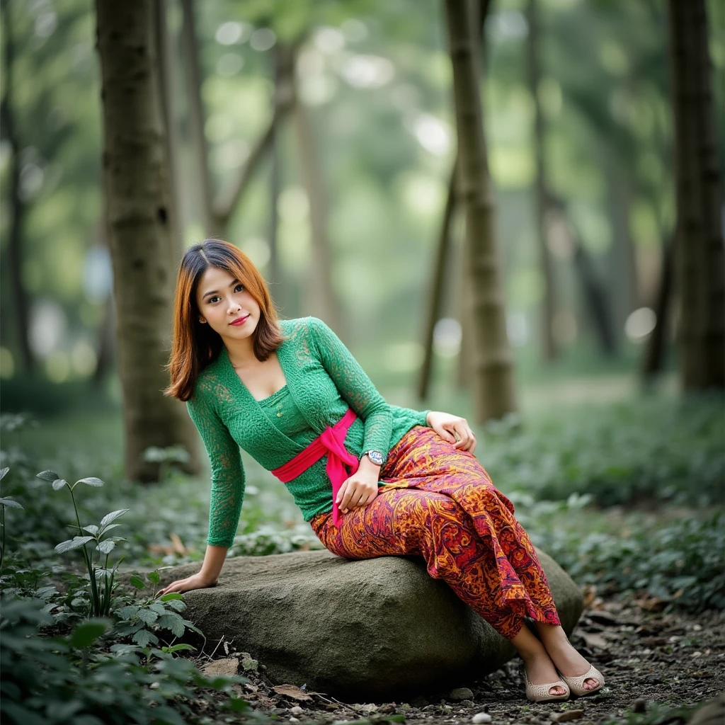 young women wearing green kebaya and batik skirts is lying on the rock in the center,  dense forest, Realistic photo, looking side, serious expressions, diagonal angle, dynamic composition