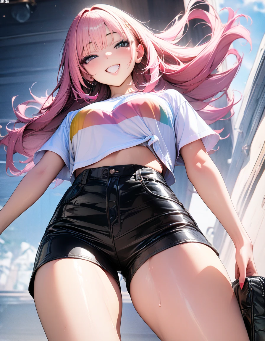 ((最high quality, 8k, masterpiece)), High resolution、(high quality: 1.5)、Very detailed、Detailed face、Bright colors、Natural light、Fine grain、Colorful eyes、Beautiful Face、Highly detailed face texture of a woman,masterpiece, 最high quality, Detailed and beautiful eyes,最high quality、Best image quality、masterpiece,girl,smile,From below,grin,(Brat),Pink Hair,Cute clothes,Printed shirt,Shorts,Just beautiful,masterpiece,(laugh at),最high quality、so beautiful,High resolution,1girl, solo,(masterpiece:1.2)、(最high quality:1.2)、Latest Glossy Skin