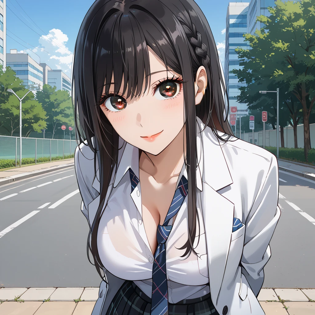   score_9,  score_8_up,  score_7_up,  source_Anime,masterpiece, big eyes,smile 、  best quality,  BEAUTIFUL AND DETAILED EYES  , Desperate look 、 pretty girl 、 highly detailed eyes and face, black eyes,cleavage,partially unbuttoned,black hair,braid, long hair,Brown eyes,  1girl, Alone,white blazer、white Jacket,white shirt, high school girls、school uniform、 Checked Skirt  、blue and black skirt,Big Breasts , No emotion, looking at viewer,black thighhighs,Slim Leg,sit up, sharp eyes, Close,outdoor, day, plaid tie、red and blue tie,arms behind back