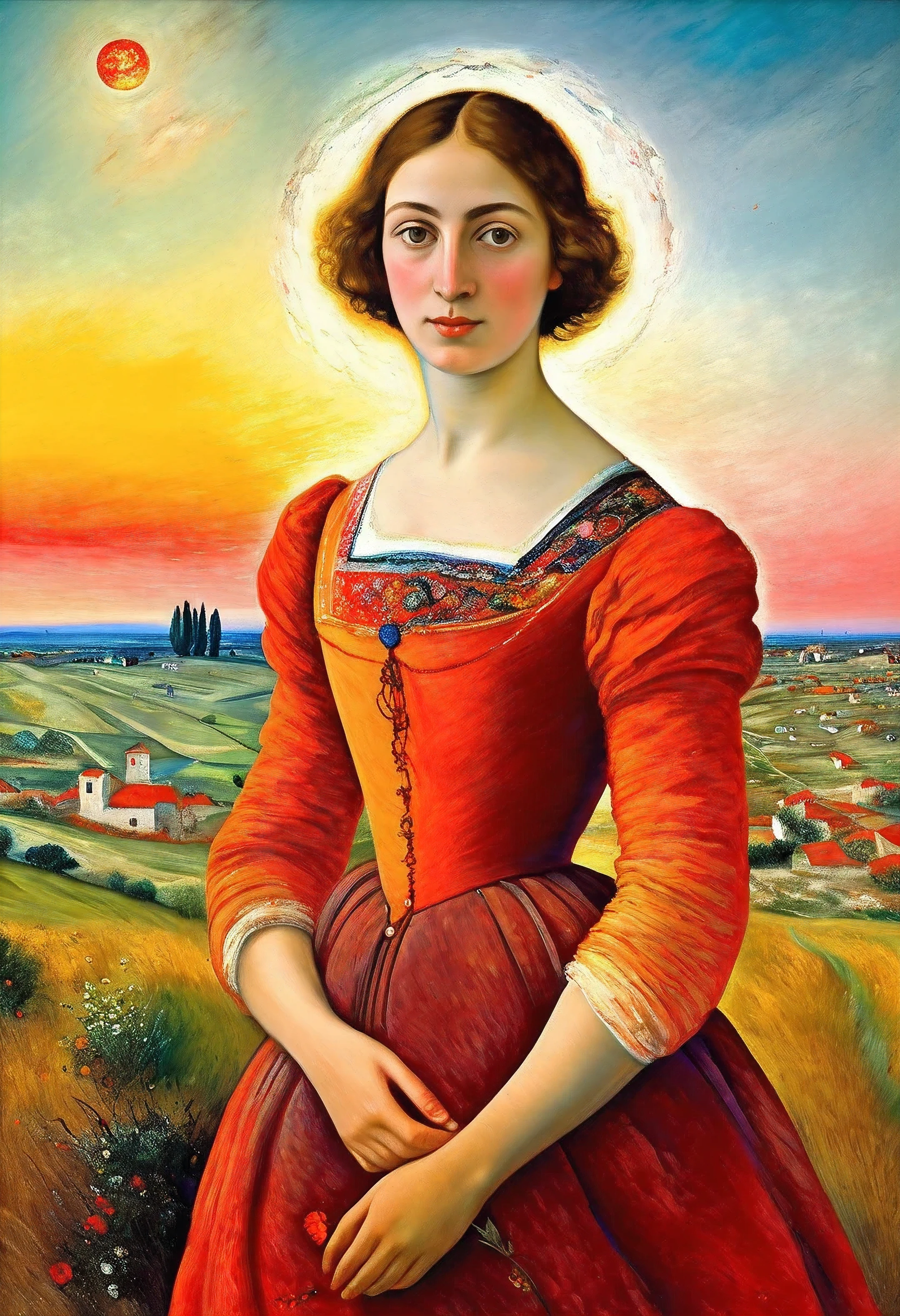 ((very colorful gradient)):[[(front full portrait:1  girl (solo) with big eyes and a short hair bob)((Jose de Ribera style)), [dress ((Marc Chagall style)])):20]/[background: landscape
 Renaissance, old canva, (scarlet sunset), ((style Alexey Savrasov))]/[((very colorful gradient)),((oil painting palette knife))((masterpiece)),((highest detail))]]
