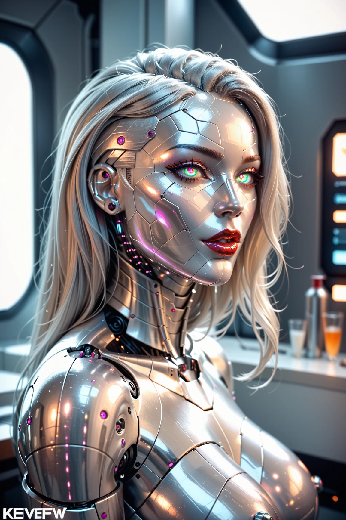 A beautiful nude woman with a perfect curvy body being scanned by machines in a futuristic science lab, side view, cybernetic body, long metallic hair, bright metallic eyes, metallic lips, fully nude, shiny oily skin, metallic colored skin, metallic skin, NSFW