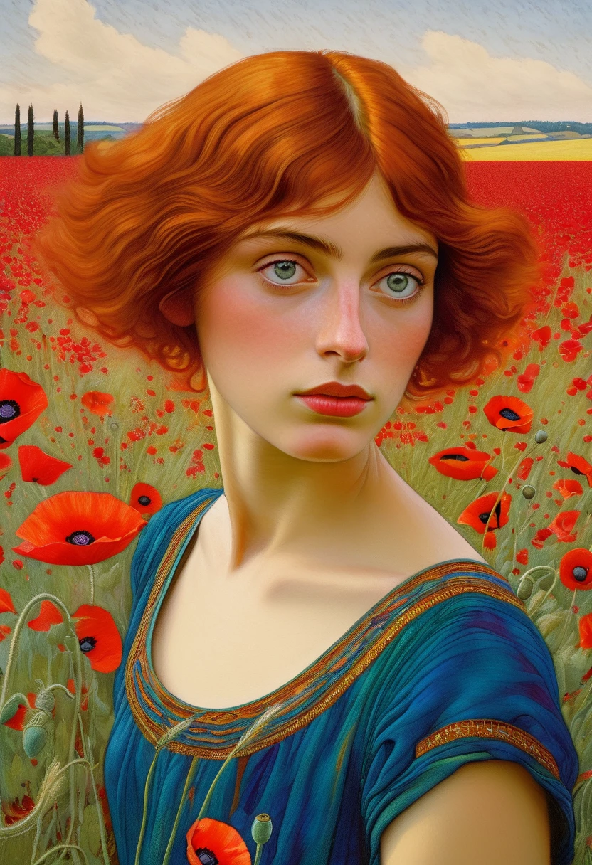 [front shoulder portrait] [colorful deep, nature] 1teen dreamy Florentine with big eyes and short red hair, poppy field ((Carlos-Schwabe style)), (( oil painting )), A very colorful , highest detail, ((masterpiece)), ((Single shot)), impression, perspective, 8k
