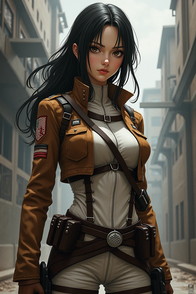 A young girl, about 20 years old with medium to long black hair with light blonde streaks. She's in uniform from anime attack on titan. The picture has a similar style to the anime Attack on Titan 