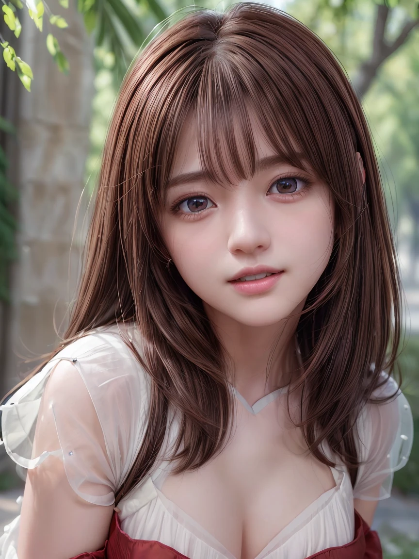  Extremely Detailed CG Unity 8K Wallpaper , Beautiful paintings, (( brown hair、Girly Hair:1.5)), ((Red eyes、Droopy eyes:1.3)),  shiny hair, Thick bangs, (( I show my white teeth and laugh : 1. 2)), ((Image Processing Algorithms:1.5)),  high pixel density in front of the copier、 beautiful and exquisite eyes 、 best quality, Ultra-clear illustrations、 High Contrast、Color tone correction、 super realistic oily skin and glossy skin, Detailed fabric texture,  physical base rendering 、 retina、 ray tracing,  RAW photo, Natural Frontal Light 、Accurate Fingers,  anatomically accurate , 
break、
(( upper body close-up :1.2)), (( Pure White Dress)), ((Stone Castle)), illuminated by spotlights 、Confetti、Sparkling、