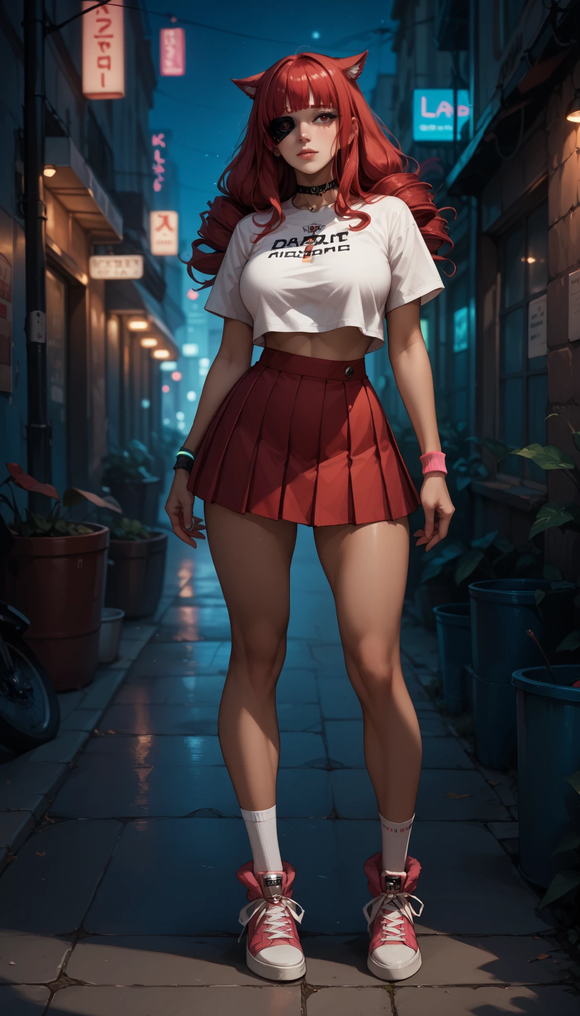 score_9, score_8_up, score_7_up, source_anime, 16k, high detailed picture, tall graceful figure a young girl, pastel colours, multicolored high stockings, pleated microskirt, crop top, wristbands, sneakers on massive platform, night street in the cybercity, neon glow, stella hoshii, red dress, shy, huge breasts, (augmented right eye:1.2)