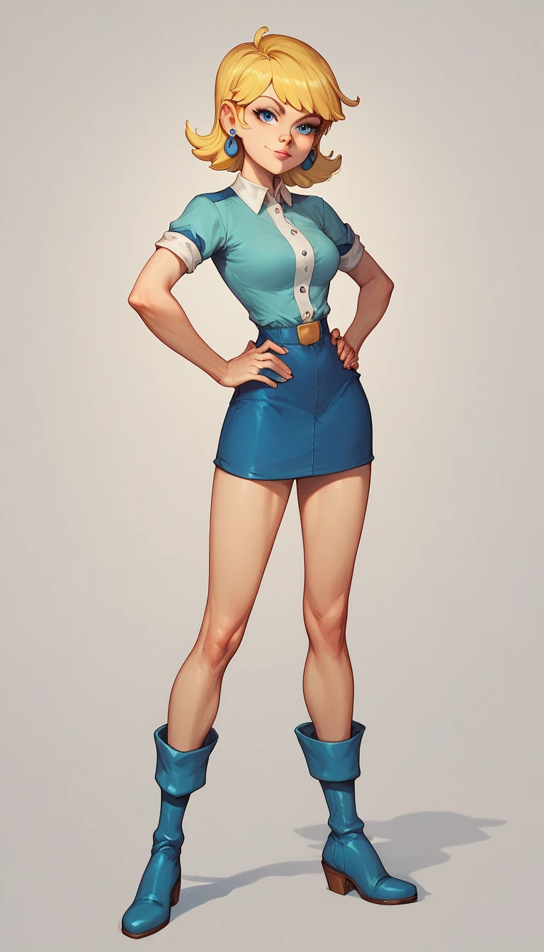 LANA LOUD, blonde hair, 
earrings, blue DOLLSUIT, full body, boots, hands on hips, looking at viewer, standing, bare legs