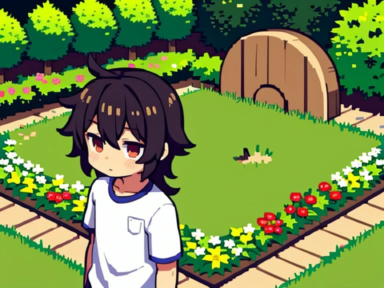 Cute shota boy with thick hair, detailed body, plain clothes, garden background, high quality 