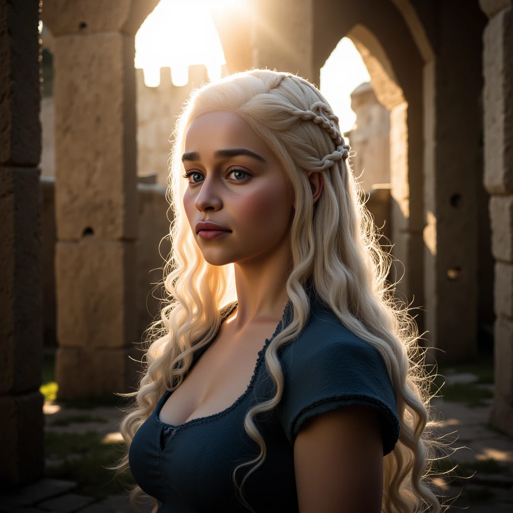 (best quality,4k,8k,highres,masterpiece:1.2),ultra-detailed,(realistic,photorealistic,photo-realistic:1.37),1girl,emilia clarke,white hair,daenerys targaryen,game of thrones,hbo,abandoned castle,intricate details,highly detailed face,beautiful detailed eyes,beautiful detailed lips,extremely detailed eyes and face,long eyelashes,medieval castle,fantasy,dramatic lighting,cinematic,epic,golden hour,warm lighting,volumetric lighting,dramatic shadows,cinematic composition