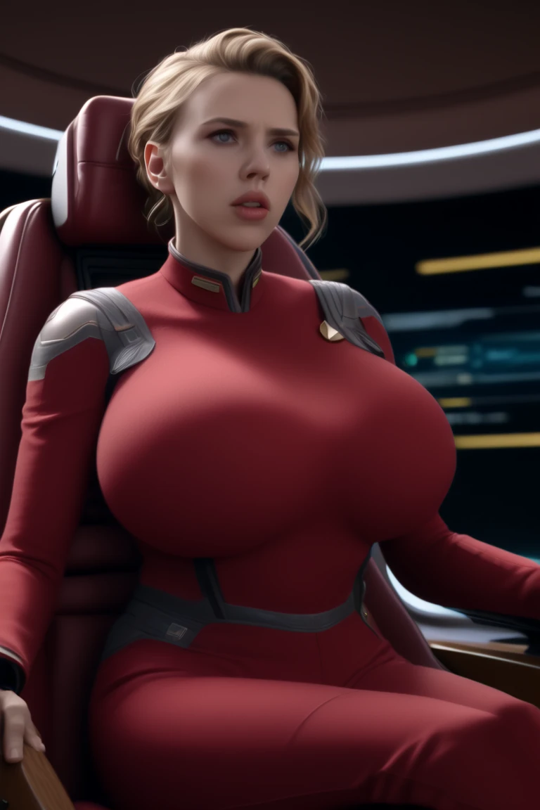 Scarlett Johansson, 1girl, with beautiful detailed eyes, beautifully detailed lips, an extremely detailed face, long eyelashes, a red uniform, and huge breasts, on the bridge of the enterprise, sitting on the captain's chair, serious expression, giving commands,(best quality, 4k, 8k, high res, masterpiece:1.2), ultra-detailed, (realistic, photorealistic,photo-realistic:1.37), cinematic lighting, dramatic lighting, sci-fi, concept art, full body shot, futa