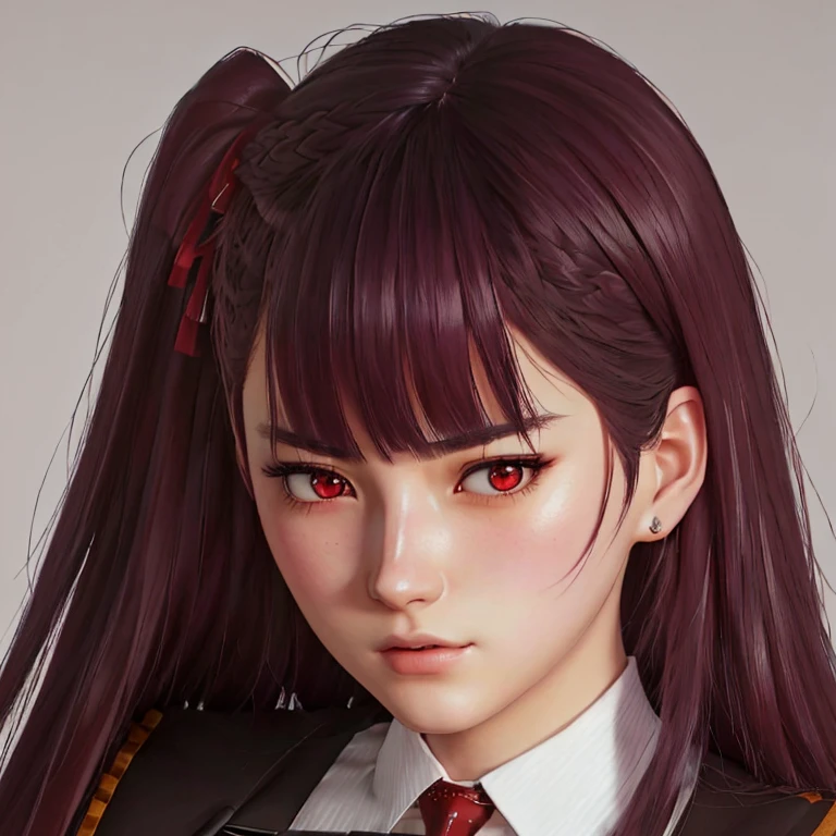 chica de anime con pelo largo y corbata con red tie, estudiante de secundaria hiperrealistic, a estudiante de secundaria hiperrealistic, detailed portrait of an anime girl,  AWESOME ANIME FACE PORTRAIT, portrait of an anime girl, guweiz, anime realism style, estilo de arte anime realistic,  soft anime cg art ,  artwork in the style of Guweiz ,  detailed anime digital art . There is a woman with long hair who wears a suit and tie., colegiala hiperrealistic, a colegiala hiperrealistic, Realistic young anime girl  ,  Anime-style realism , estilo de arte anime realistic , estilo de arte de anime realistic , Estilo anime 3D realistic, portrait of an anime girl,  artwork in the style of Guweiz  , Detailed portrait of an anime girl,  incredible anime face portrait  . model, Of mixed Russian Asian origin(beautiful,elegant,sexy) y Aleman (beautiful,sexy,linda),  just looking at the viewer , (realistic:1.4), (:1.0), Ojos rojos,  Round pupils  (perfecta), eyelashes(perfecta),form (perfecta),form(better light, perfecta),square face, ojos beautifuls y grandes(sexy), semi-sharp eyes (perfecta),shirt, jacket, red tie, white skin (bright light), ( burgundy hair color  ), Braid, (one side up:1.2), (  hair band ), (blush, ashamed), (while getting angry),(Detailed, ultra-Detailed, high Detailed, ultra realistic 8k CG,  perfect artwork, lyrical), wooden table, flores, information, no benefit 