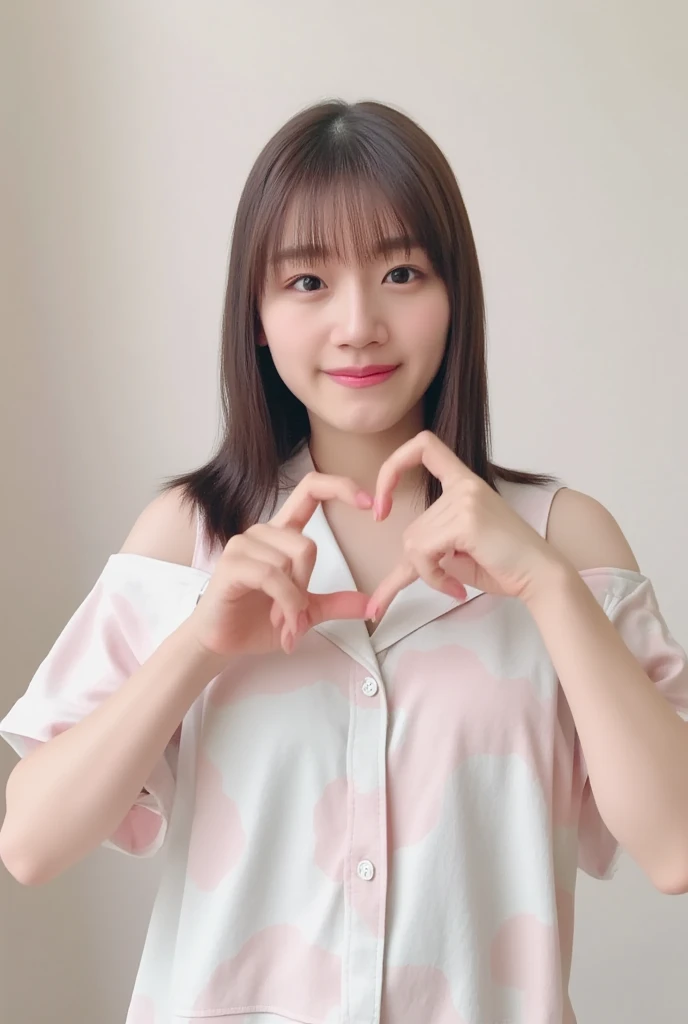 A smiling woman poses alone wearing off-the-shoulder pajamas in pastel colors that convey warmth simply by touching them softly and softly, making a firm, large heart shape with both hands, and holding them in front of her chest, View above collarbone、The background is a monotone 、
