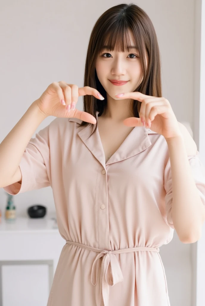 A smiling woman poses alone wearing off-the-shoulder pajamas in pastel colors that convey warmth simply by touching them softly and softly, making a firm, large heart shape with both hands, and holding them in front of her chest, View above collarbone、The background is a monotone 、
