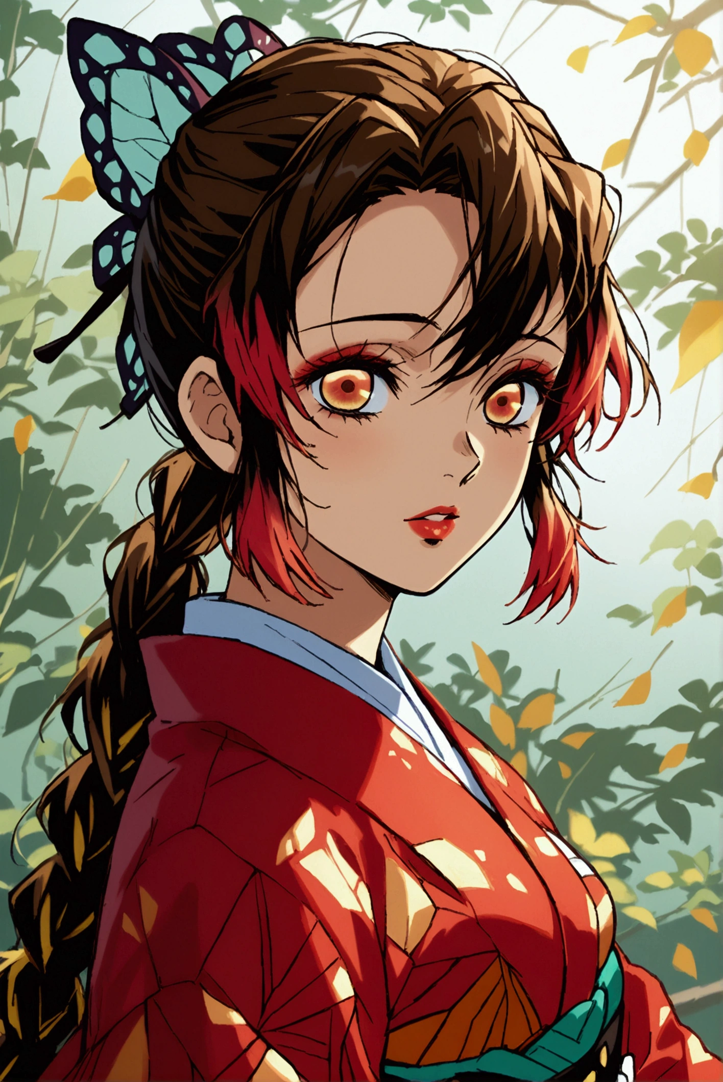 Kimetsu No Yaiba, Demon Slayer, High Resolution, Accurate, Best Quality, High Details, HD, Quality, Super Detailed, High Quality, 1girl, Breasts, Parted Lips, Red Lips, Amber Eyes, Brown Hair, Blonde Hair, Streaked Hair, Wavy Hair, Long Braid, Hair Ribbon, Makeup, Illustration, Anime, Anime Style, Digital Art, Demon Slayer, Kimetsu No Yaiba, Solo