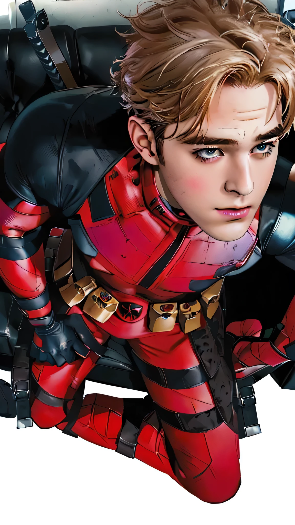 a close up of a man in a deadpool costume laying on a sofa, kim Taehyung dead pool, ryan gosling as deadpool, deadpool, deadpool live action costume, portrait of deadpool, portrait shot, closeup shot, poster shot, kim taehyung wearing a fat suit, closeup - view, film still of Taehyung bts, kim taehyung as Deadpool man, closeup view, live action movie