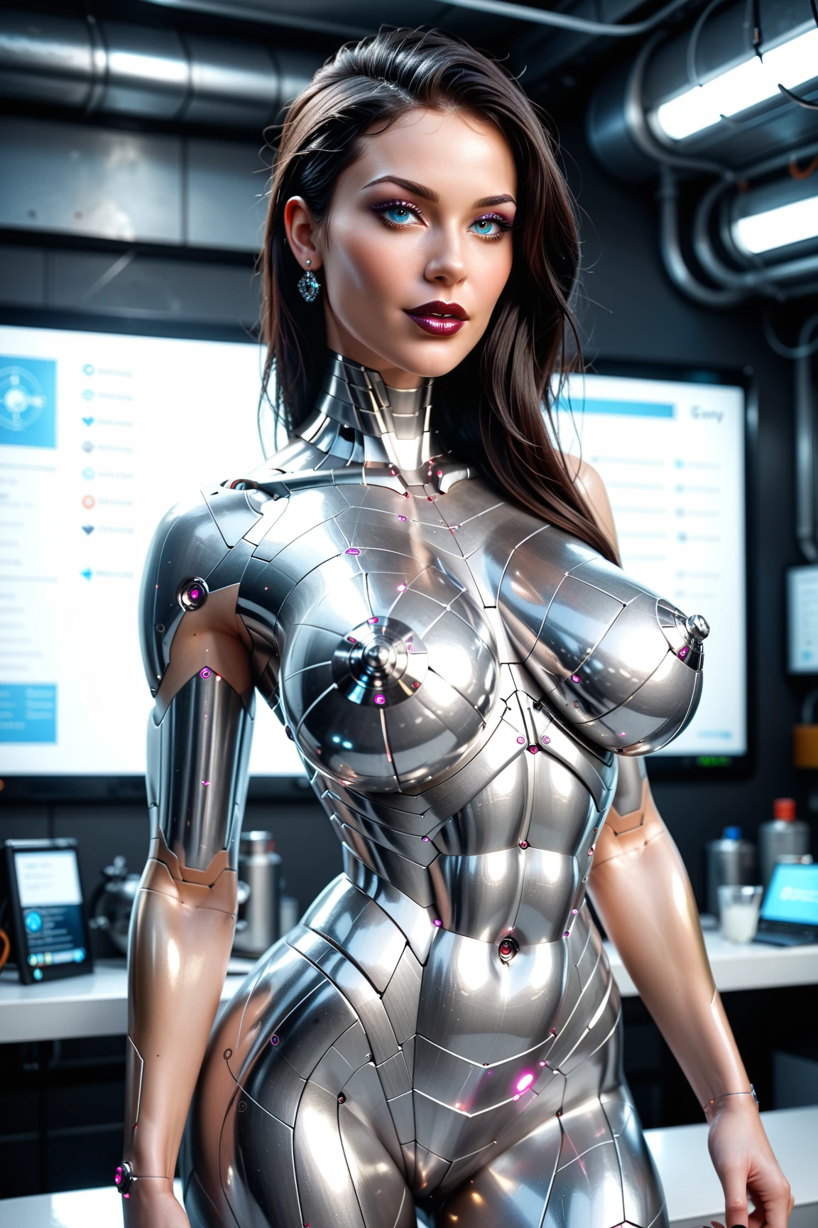 A beautiful nude woman with a perfect curvy body being probed by machines in a futuristic science lab, macro view, cybernetic body, long metallic hair, bright metallic eyes, metallic colored lips, metallic lips, fully nude, large breasts, full breasts, perky breasts, perfect breasts, tiny waist, large hips, shiny oily skin, metallic colored skin, metallic skin, NSFW