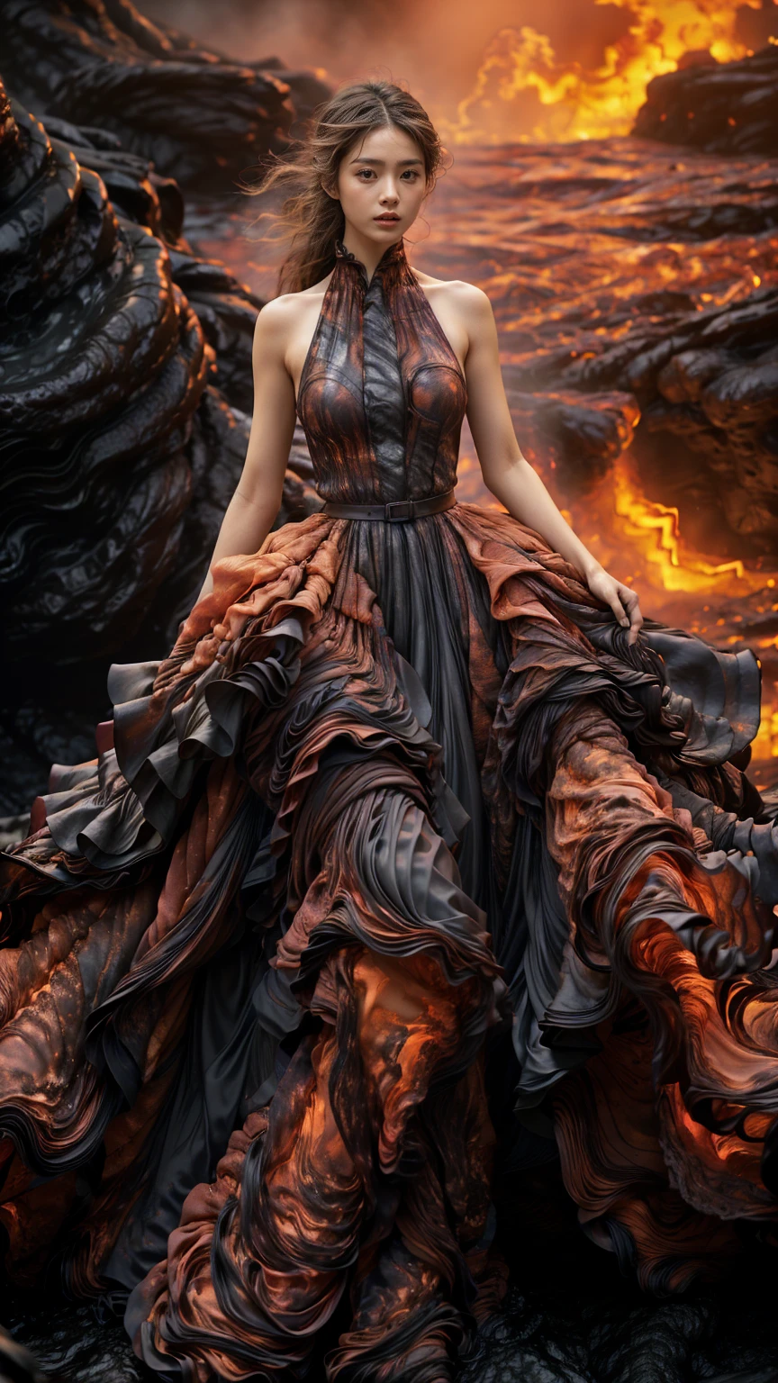 (8k, original photo, best quality,masterpiece:1.2),(actual, photorealistic:1.37), 1 girl,long legs, Full body female love,(lava:1.3),ocean,Rose-shaped dress made of lava，volcanic eruption rock flow，infrared photography, 1.4x more realism，ultra high definition，textured skitomically correct，Accurate and perfect Korean female face shape，golden ratio)