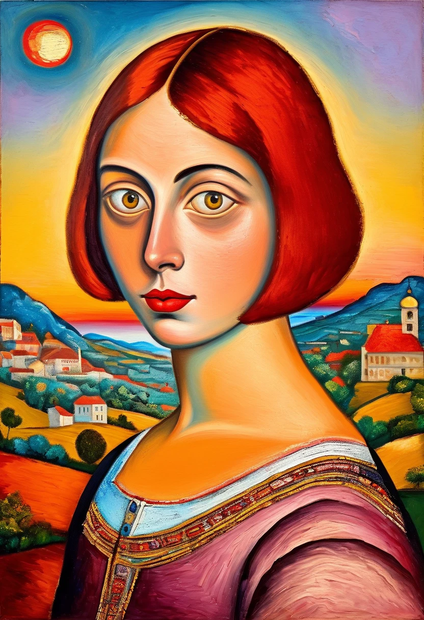 [(front portrait: pretty  girl  with big eyes and a short red bob)((Mordecai-Ardon style)))::20]/[background:landscape
 Baroque (moonlight sunset), style Rafael Santi], naive art, primitivism, protogen, crimson/liliac, very colorful,((oil painting)),((masterpiece)),single shot
