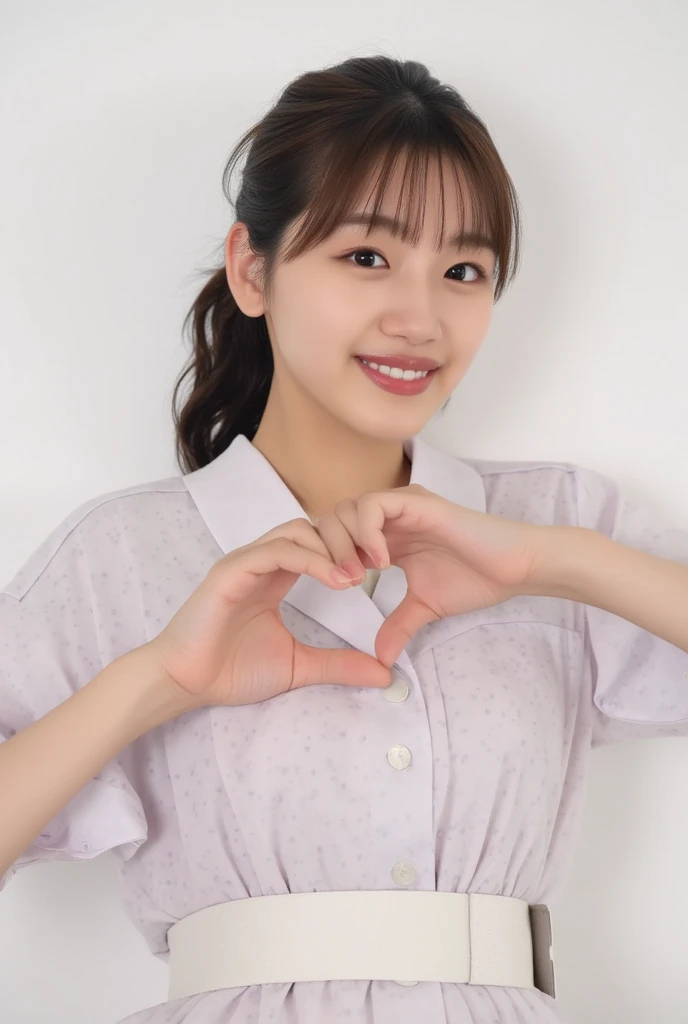 A smiling woman poses alone wearing off-the-shoulder pajamas in pastel colors that convey warmth simply by touching them softly and softly, making a firm, large heart shape with both hands, and holding them in front of her chest, View above collarbone、The background is a monotone 、
