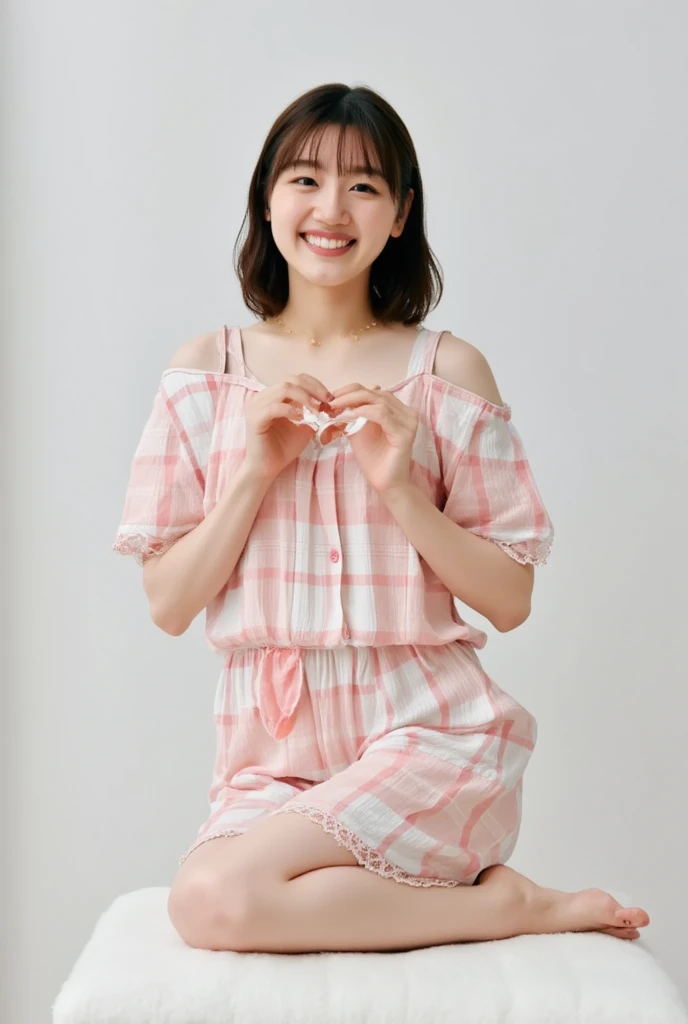 A smiling woman poses alone wearing off-the-shoulder pajamas in pastel colors that convey warmth simply by touching them softly and softly, making a firm, large heart shape with both hands, and holding them in front of her chest, View above collarbone、The background is a monotone 、
