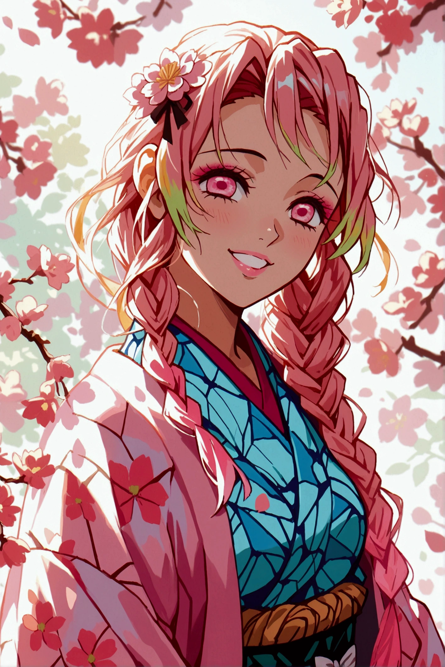 Kimetsu No Yaiba, Demon Slayer, High Resolution, Accurate, Best Quality, High Details, HD, Quality, Super Detailed, High Quality, 1girl, Breasts, Smiling, Pink Lips, Pink Eyes, White Hair, Blonde Hair, Pink Streaked Hair, Wavy Hair, Long Side Braid, Hair Ribbon, Makeup, Pink floral kimono, Illustration, Anime, Anime Style, Digital Art, Demon Slayer, Kimetsu No Yaiba, Solo, Hair Flower